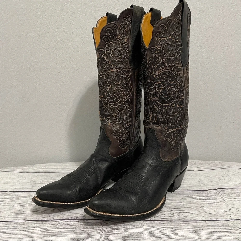 Leddy Vaquero Boots Western Tall Tooled Leather Black Dress Dancing Womens 9 B - Picture 2 of 12